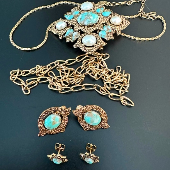 VTG Sarah Coventry Remembrance Collection 60’s Turquoise Pearl Goldtone Chains - Picture 15 of 15